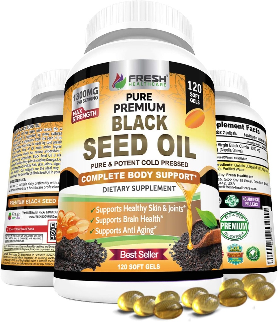 フレッシュヘルスケアブラックシードオイルカプセルコールドプレス1300mg - 100%純粋な非GMO Nigellaサティバ - 免疫&ジョイントサポート - プレミアムSoftgelサプリメント