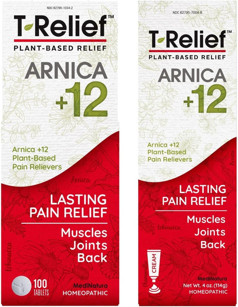MediNatura T-Relief のアルニカ +12 自然な苦痛は 100ct のタブレット T-Relief の自然な痛みの救助のアルニカ +12 4oz クリームの束を取り除きます