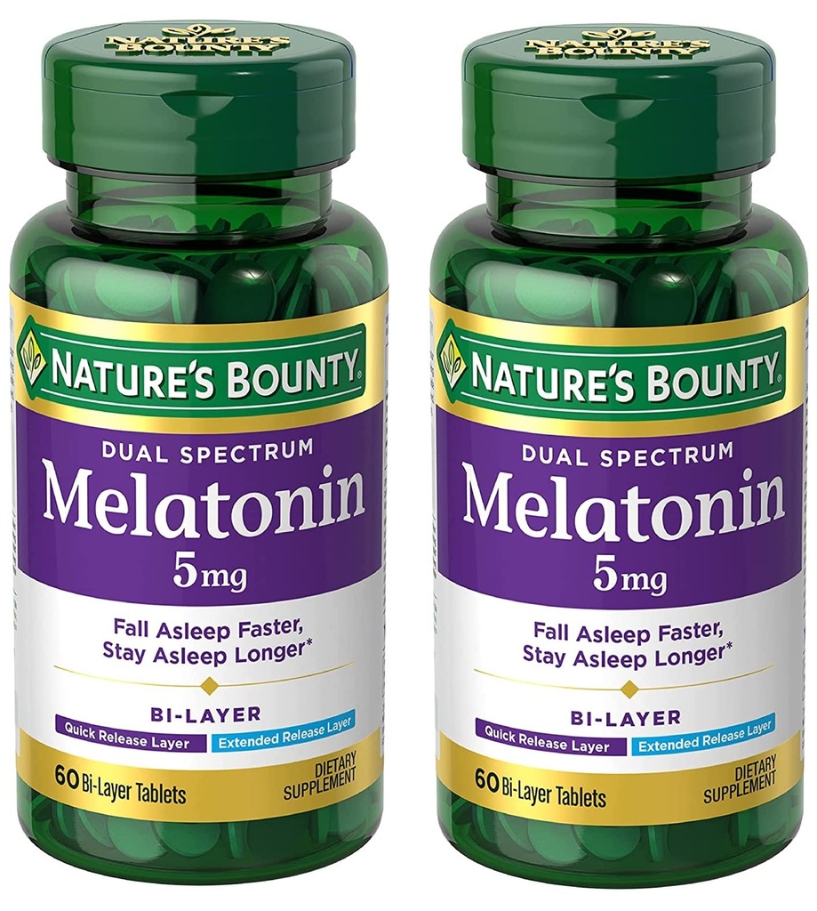 Nature's Bounty Melatonin 5mgデュアルスペクトラム、100%ドラッグフリースリープサプリメント、クイックリリースと拡張リリース、リラクゼーションと睡眠健康を促進、60バイレイヤタブレット(パッケージ2)
