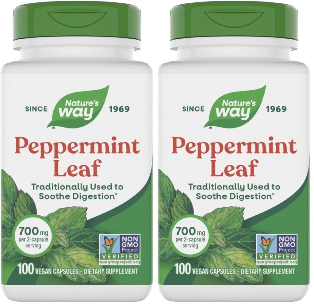 Nature's Way Premium Herbal Peppermintリーフ、伝統的な消化管の鎮静と不快なサポート*、100カプセル(パッケージ2)