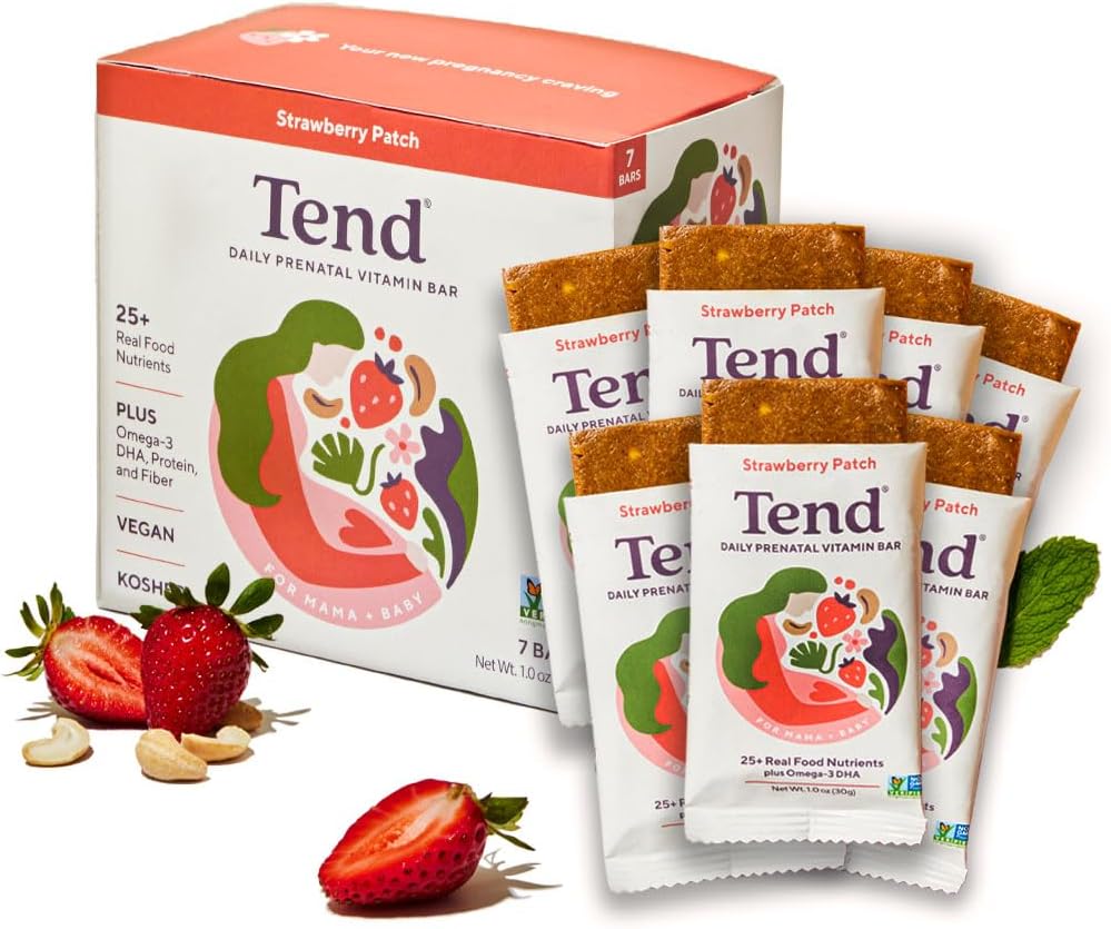 Tend 毎日最高のプレナタルビタミンバー、妊娠中および産後の母親のための有機成分で作られた、DHA、ビタミンD、B、コリン、葉巻、ヒマワリレシチン - イチゴパッチ(7ct)