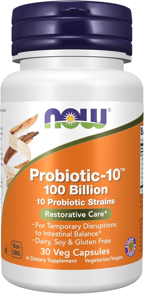 NOW Foods Supplements, Probiotic-10™, 100 Billion, with 10 Probiotic Strains,Dairy, Soy and Gluten Free, Strain Verified, 30 Veg Capsules
