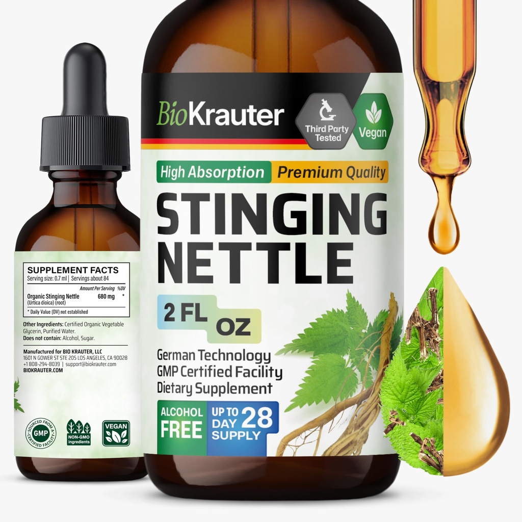 BIO KRAUTER Stinginging Nettle Tincture - Nettle Root Extract Liquid - Urinary Support Supplement - Urtica Dioica Natural Extract - ビーガン、砂糖&アルコールフリードロップ2 Fl.Oz。