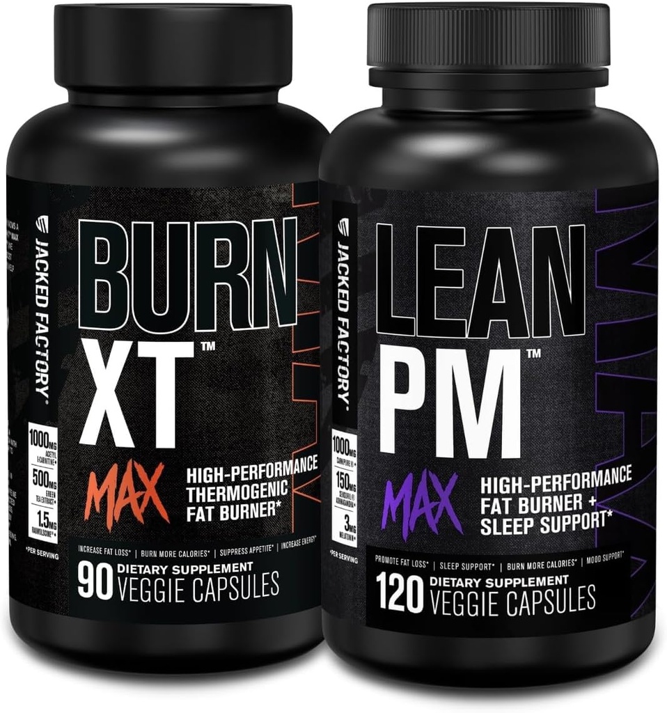 Jacked Factory Burn-XT Max - Thermogenic Fat Burner & Appetite Suppressant (90カプセル) & Lean PM Max 高パフォーマンス減量, 脂肪バーナー, & 食欲抑制剤 (120カプセル)