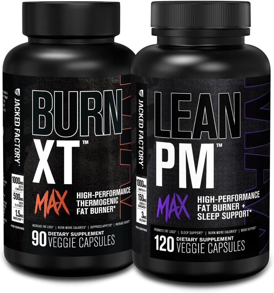Jacked Factory Burn-XT Max - Thermogenic Fat Burner & Appetite Suppressant (90カプセル) & Lean PM Max 高パフォーマンス減量, 脂肪バーナー, & 食欲抑制剤 (120カプセル)