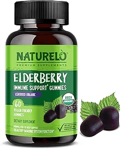 NATURELO Elderberry Gummies Immune Support with Sambucus Elderberry + Vitamin C + Zinc Certified Organic, 60ct