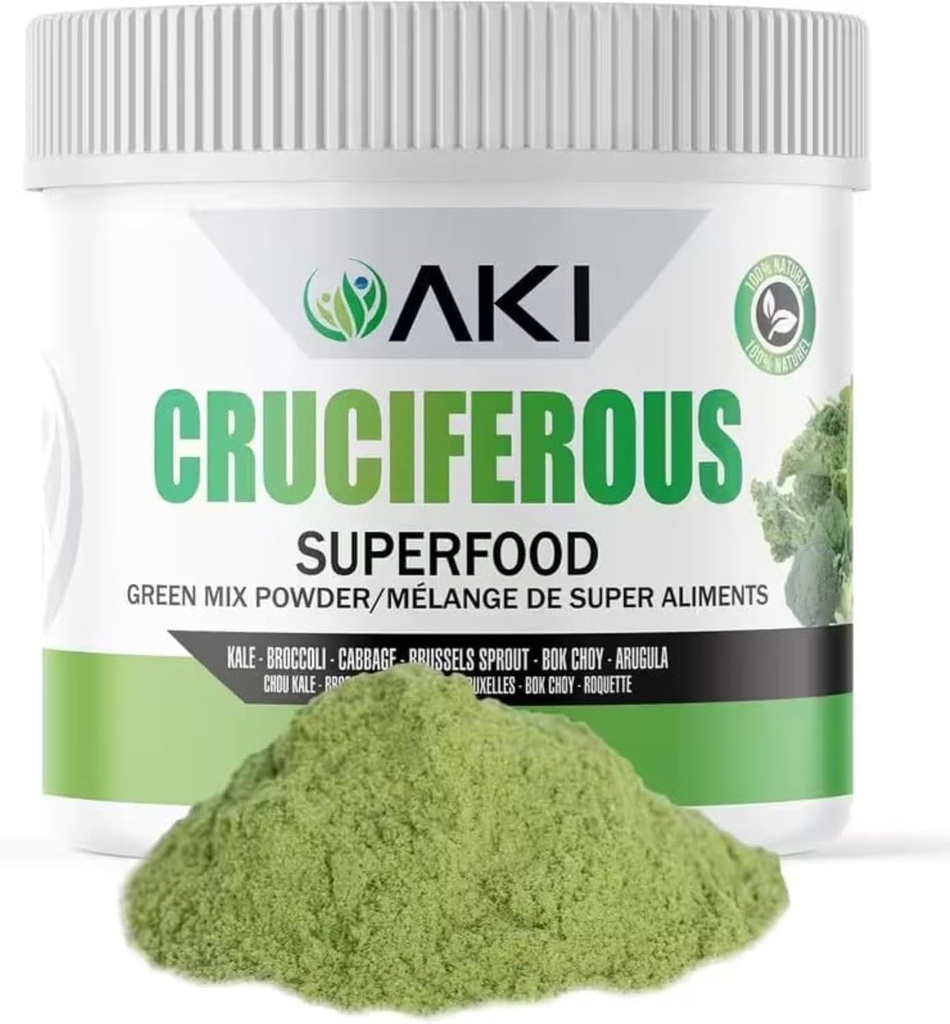 AKI Cruciferous Superfood Green Mix Powder - Made from Kale, Broccoli, Brussels Sprouts, Cabbage - Packed with Essential Phytonutrients & Vitamins ((5.3oz/150g))