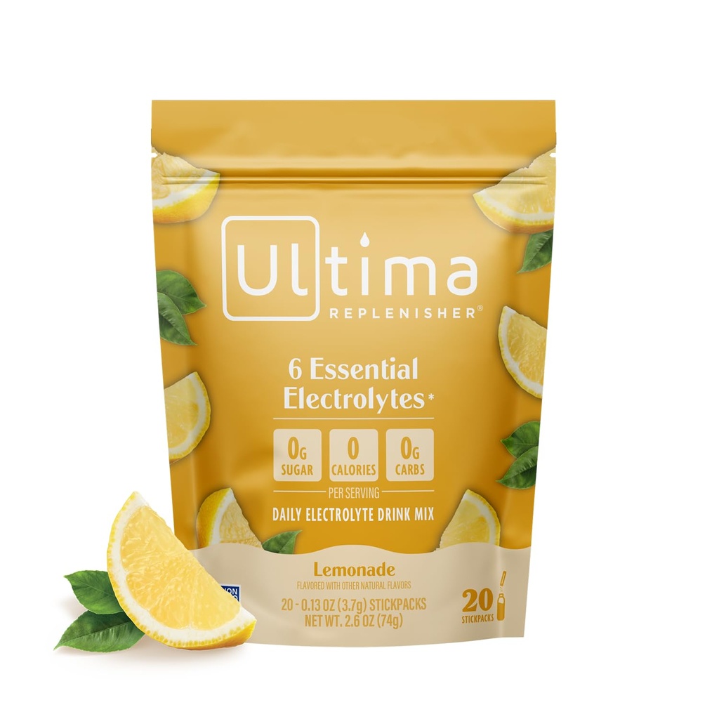 Ultima Replenisher毎日電解パウダードリンクミックス – 砂糖無料 – レモンデ, 20 スティックパック – 6 キー電解液とトレースミネラルの水分補給パケット – ケトフレンドリー, ビーガン, 非GMO