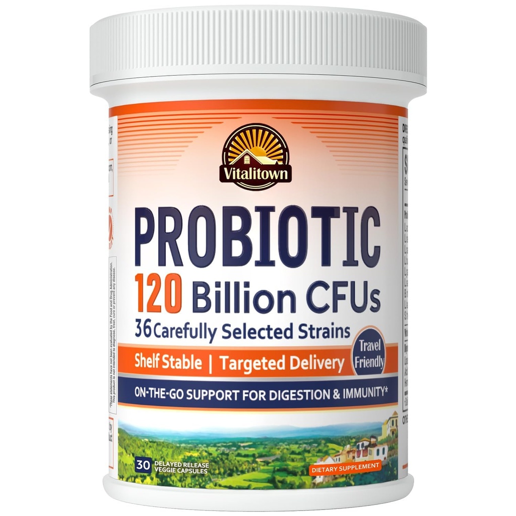 Vitalitown Probiotics 120億CFU、36の緊張、プレバイオティクス、男性女性のための消化酵素、遅れた解放、安定した棚、Goの消化器サポート、30のベジーキャップ