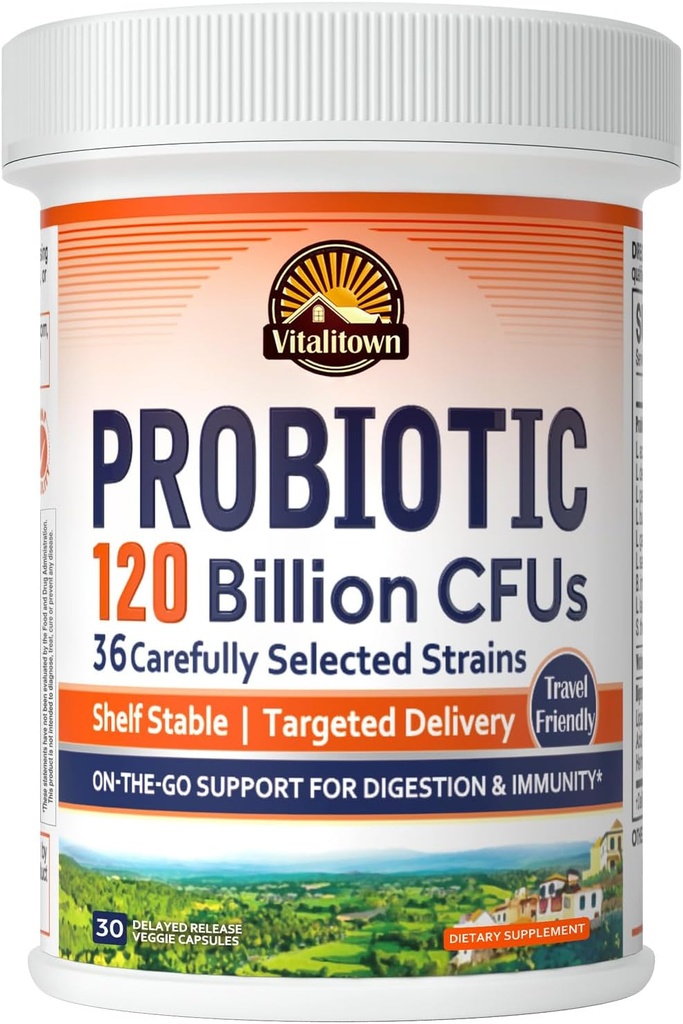 Vitalitown Probiotics 120億CFU、36の緊張、プレバイオティクス、男性女性のための消化酵素、遅れた解放、安定した棚、Goの消化器サポート、30のベジーキャップ