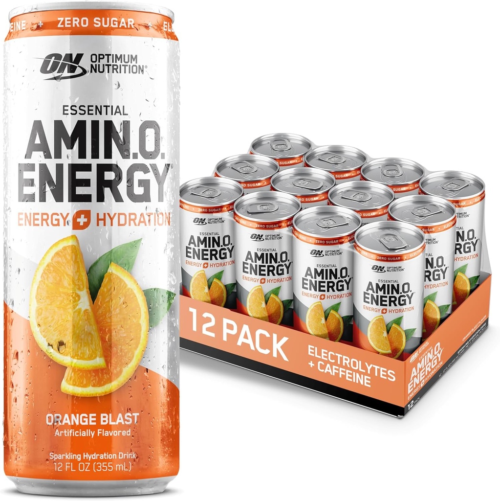 最適栄養アミノエネルギースパークリング水和ドリンク、電解液、カフェイン、アミノ酸、BCAA、砂糖フリー、オレンジブラスト、12 Fl Oz、12パック(パッケージ5月Vary)