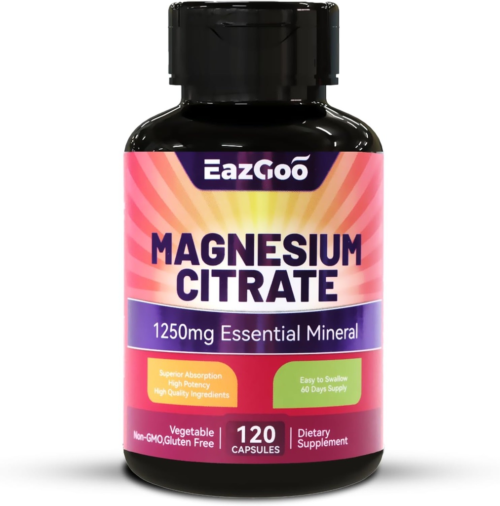 Magnesium Citrate Capsules 1250mg, High Absorption Magnesium Citrate Supplement with Elemental Magnesium, Extra Strength Magnesium Supplement, Non-GMO, Gluten-Free, 120 Vegetable Capsules