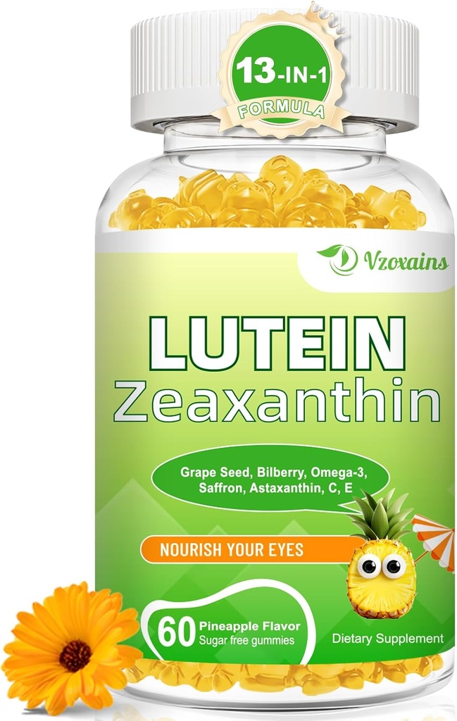 Lutein 20 mg with Zeaxanthin Gummies, Lutein and Zeaxanthin Supplements with Eye Vitamins C, E, Bilberry for Eye Health - 60Cts