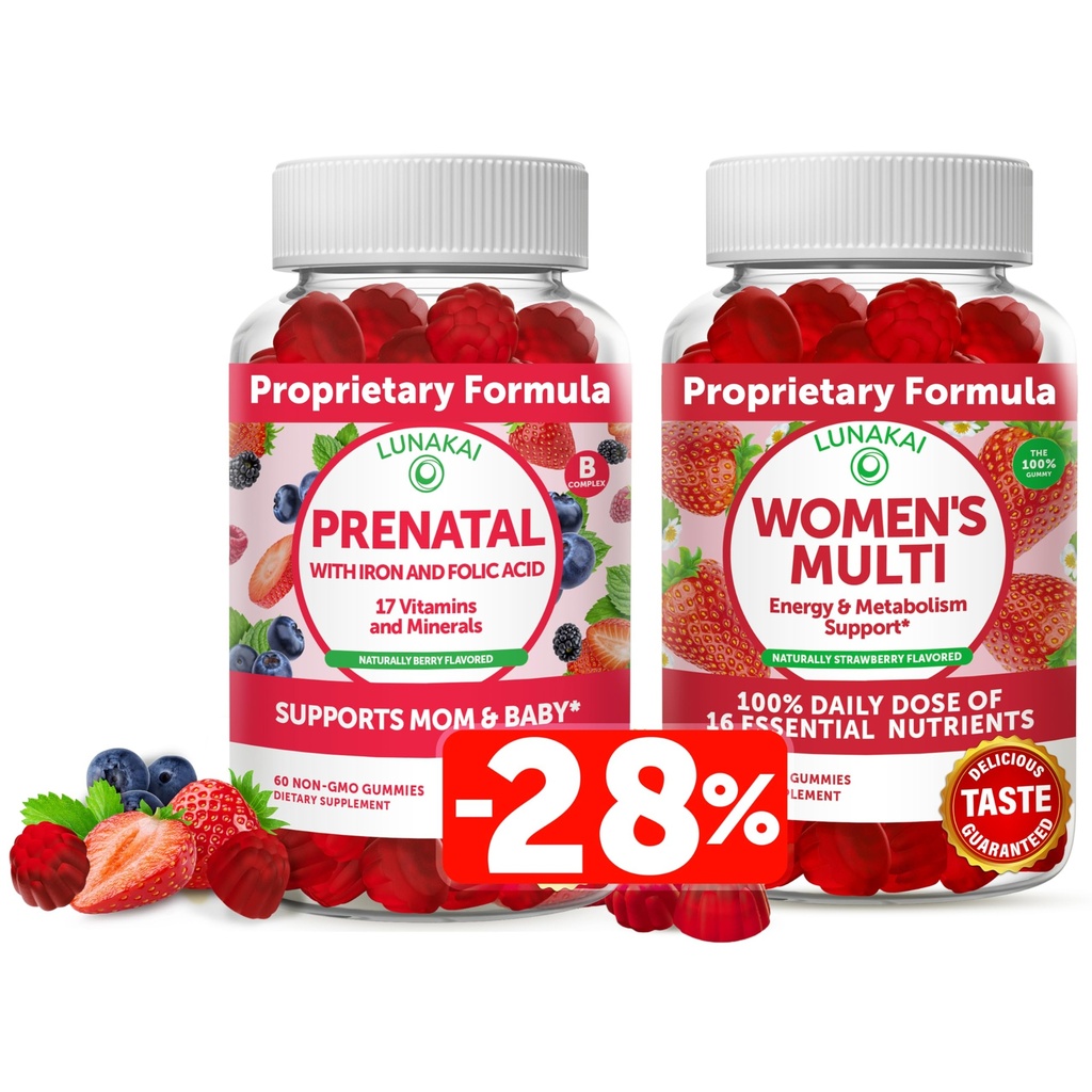 Lunakai Prenatal Vitamin and Women's Multivitamin Gummies Bundle - Pregnancy Multivitamin Gummy with Iron & Folic Acid - with 100% Daily Value of 16 Essential Vitamins and Minerals - 30 Days Supply