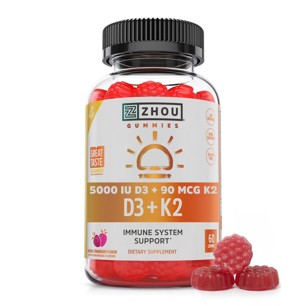 Zhou D3 + K2 - 女性&男性のためのビタミンD3 K2サプリメント、免疫サポートVit D3とK2ガミー、D3とMK-7の5000 IUとゼラチン無料式 - 60ベジギーグミー(パッケージ1)