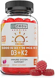 Zhou D3 + K2 - 女性&男性のためのビタミンD3 K2サプリメント、免疫サポートVit D3とK2 Gummy、D3とMK-7の5000 IUとゼラチン無料式 - 60ベジギーグミー(パッケージ1)