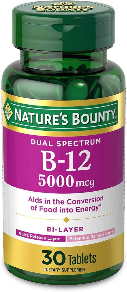 Nature's Bounty、デュアルレイヤー栄養補助食品、クイックリリースと拡張リリースによるビタミンB12、エネルギー代謝と神経系の健康、5000mcg、30錠をサポート