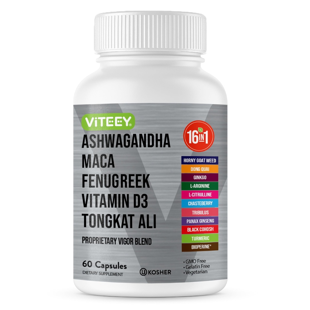 Viteey Ashwagandha Maca Fenugreek サプリメントとTongkat Ali – ドライブ, 情熱 & 男性と女性のためのエネルギーサポート – 気分, カルム & ストレスサポート - 60 カプセル