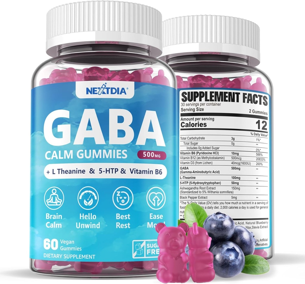 GABA Gummies 500mg - Lテアニン、5-HTP、ビタミンD3、B12、アッシュワガンダ、メラトニンフリー、脳カルム、モッド、ザッズベター、大人のGABAサプリメント、ブルーベリーフレーバー、1パック