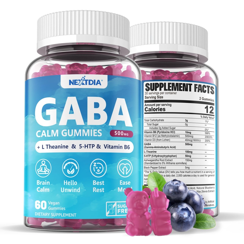 GABA Gummies 500mg - Lテアニン、5-HTP、ビタミンD3、B12、アッシュワガンダ、メラトニンフリー、脳カルム、モッド、ザッズベター、大人のGABAサプリメント、ブルーベリーフレーバー、1パック