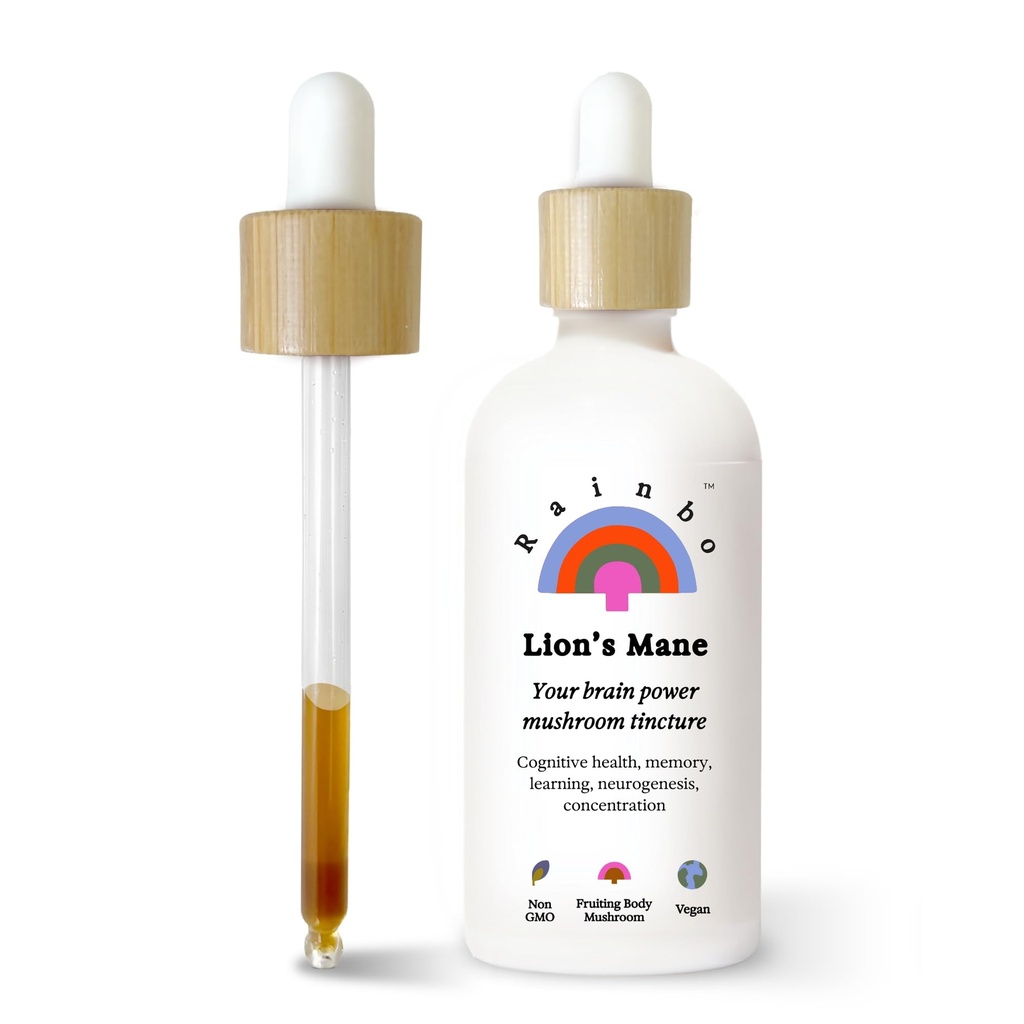 Rainbo - Lion's Mane Mushroom Tincture - Alcohol Free - Dual Extract Mushroom Supplement - Brain Support, Focus, Memory, Liquid Lion's Mane Supplement, Vegan, Non-GMO, 3.4 fl oz.