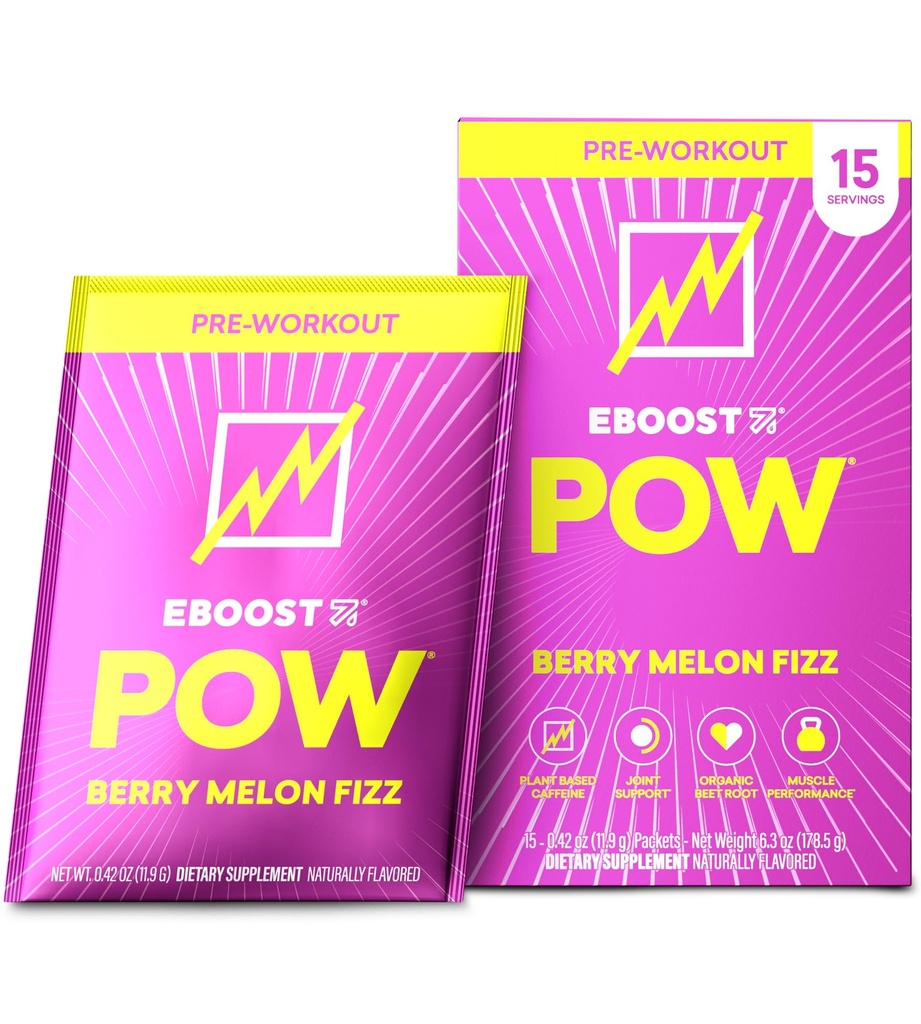 EBOOST POWナチュラルプレワークアウトパウダー - 15パケット、ベリーメロンフィズ - プレワークアウトエネルギーブースタージムサプリメントドリンクミックス男性と女性 - パフォーマンス、共同モビリティサポート - グルテンフリー