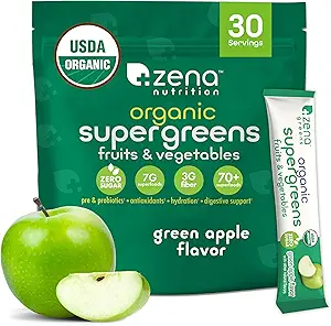 Zenaの栄養物の有機性極度の緑の粉、70+のスーパーフード、0の砂糖、3G繊維、Spirulina、Chlorella、酸化防止剤、プレバイオティクス/プロバイオティクス、消化酵素、緑のApple、30の飲み物の組合せのパケット