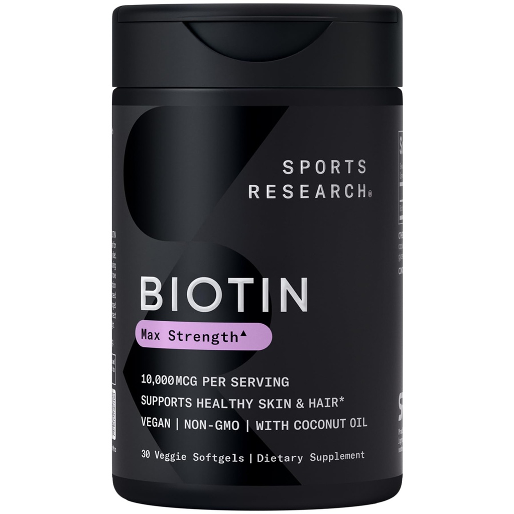 オーガニックココナッツオイルでスポーツリサーチ® ビオチン10,000mcg - ヘルシー肌と髪のサポートのためのビオチン(ビタミンB7) - 女性と男性のための - ビーガン、非GMO、グルテンフリー&大豆フリー - 30 Veggie Softgels