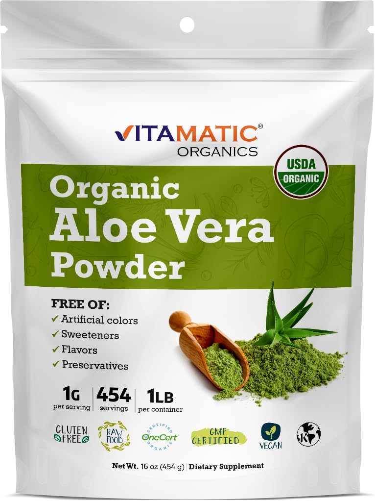 Vitamatic認定USDAオーガニックアロエベラパウダー - 1 lb (16 oz) 皮膚、消化、デトックス&免疫健康をサポート | 非GMO、グルテンフリー、コーシャ