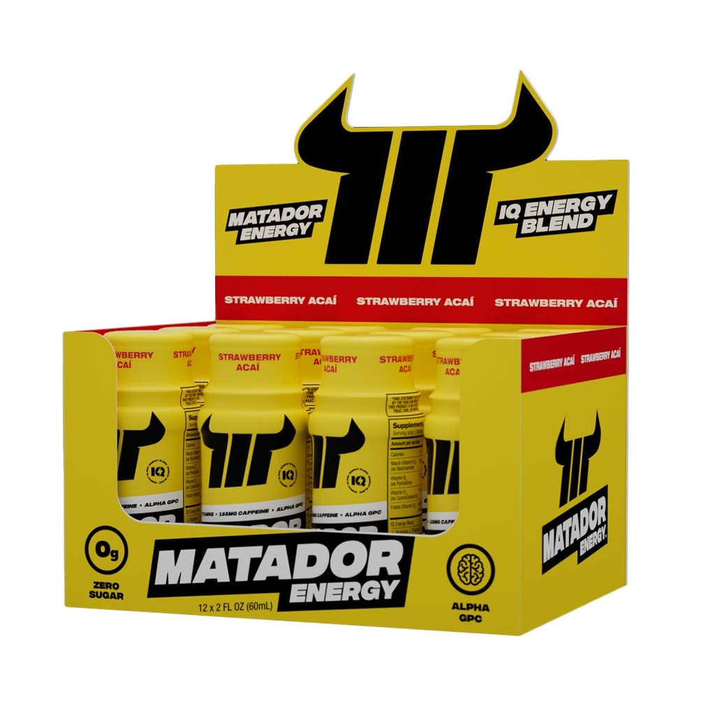MATADORのエネルギーは余分強さの小型エネルギー飲み物w/Bの複雑なビタミン(ビタミンB12-B9-B6-B3)、アルファGPCの向知性IQエネルギー、コーヒー豆のエキスのカフェインの打撃、24のエネルギー飲み物のいちごAcaiを撃ちます