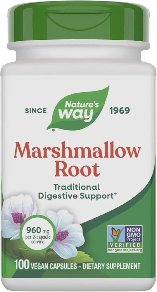 Nature's Way Marshmallow Root - Marshmallow Root Supplement for Traditional Digestive Soothing* - Gluten-Free, Dairy-Free & Vegan - Easy-Swallow Capsules - 100 Capsules (Packaging May Vary)