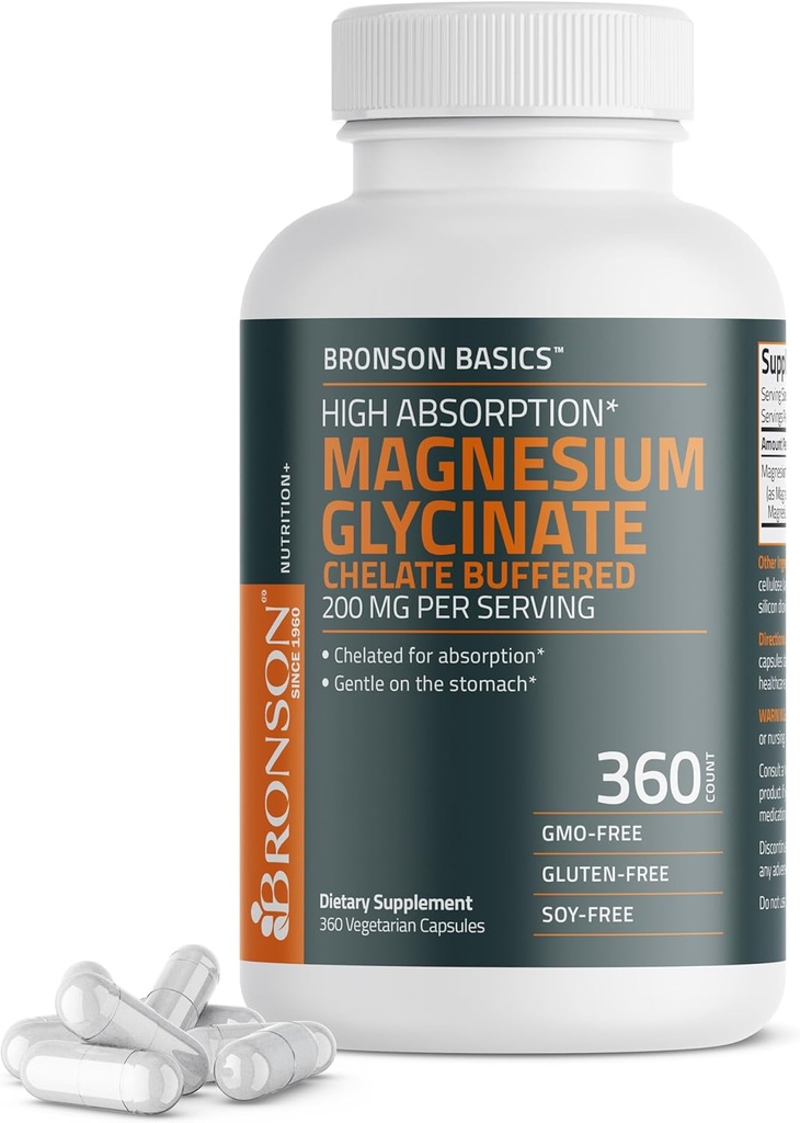BronsonのマグネシウムのGlycinate 200mgの吸着はStomachのNon-GMO、360のベジタリアンのカプセルで牛の牛をおおいました