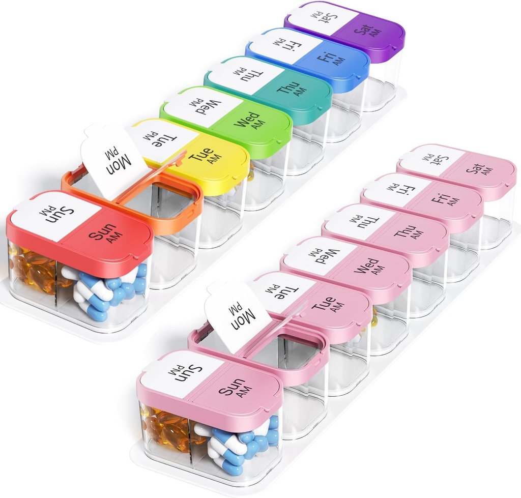 Odaro Extra Large Weekly Pill Organizer, XL Pill Box 7 Day AM PM, Jumbo Medicine Organizer 2 Times A Day to Hold Daily Medicine, Vitamins, and Supplements, Rainbow & Pink/White (Set of Two)