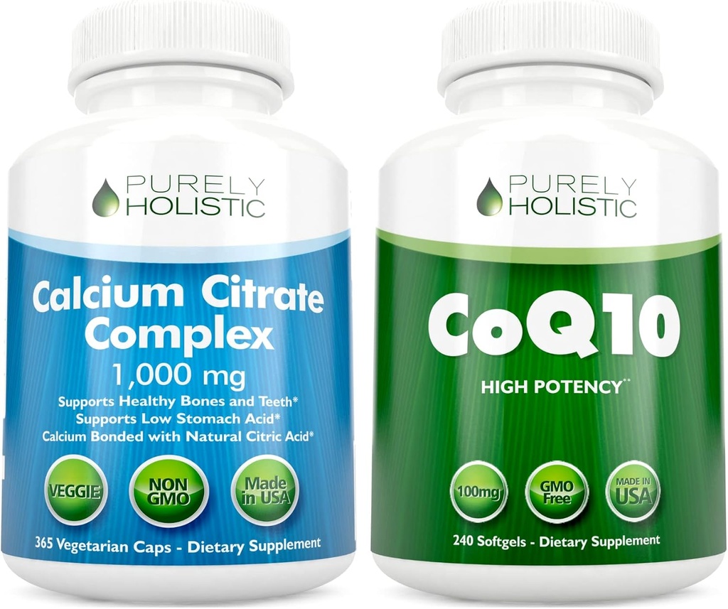 カルシウムのクエン酸塩のコンプレックス1000mg + CoQ10 100mg - 365のビーガンカプセル+ 240のSoftgelsの束-ビタミンDなしで-米国で作って下さい