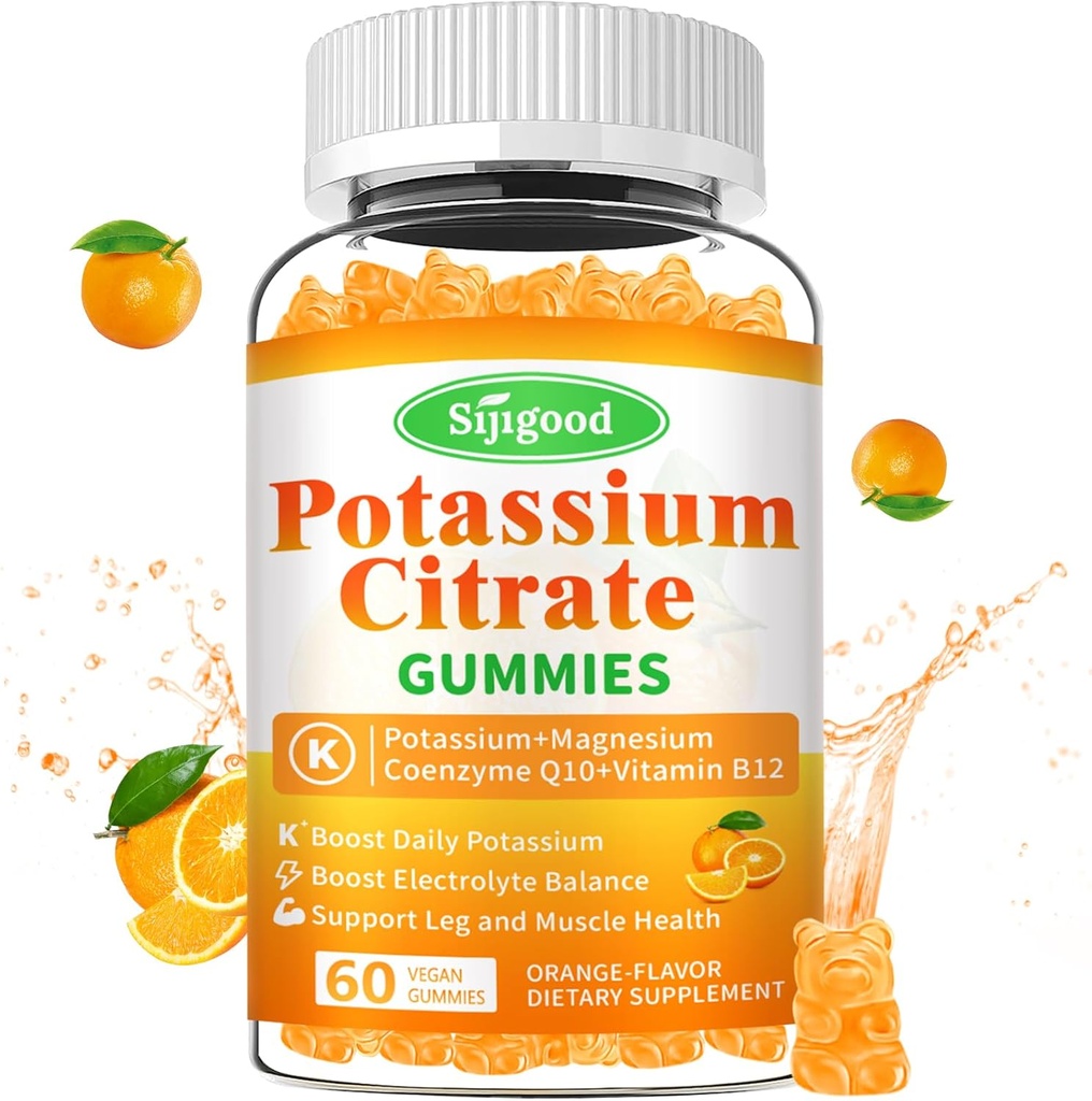 Potassium Citrate Gummies – High Potency Potassium Supplement for Muscle Health, Leg Cramp Relief, Electrolyte Balance – Vegan, Non-GMO, Gluten-Free, Orange Flavor, 60 Count