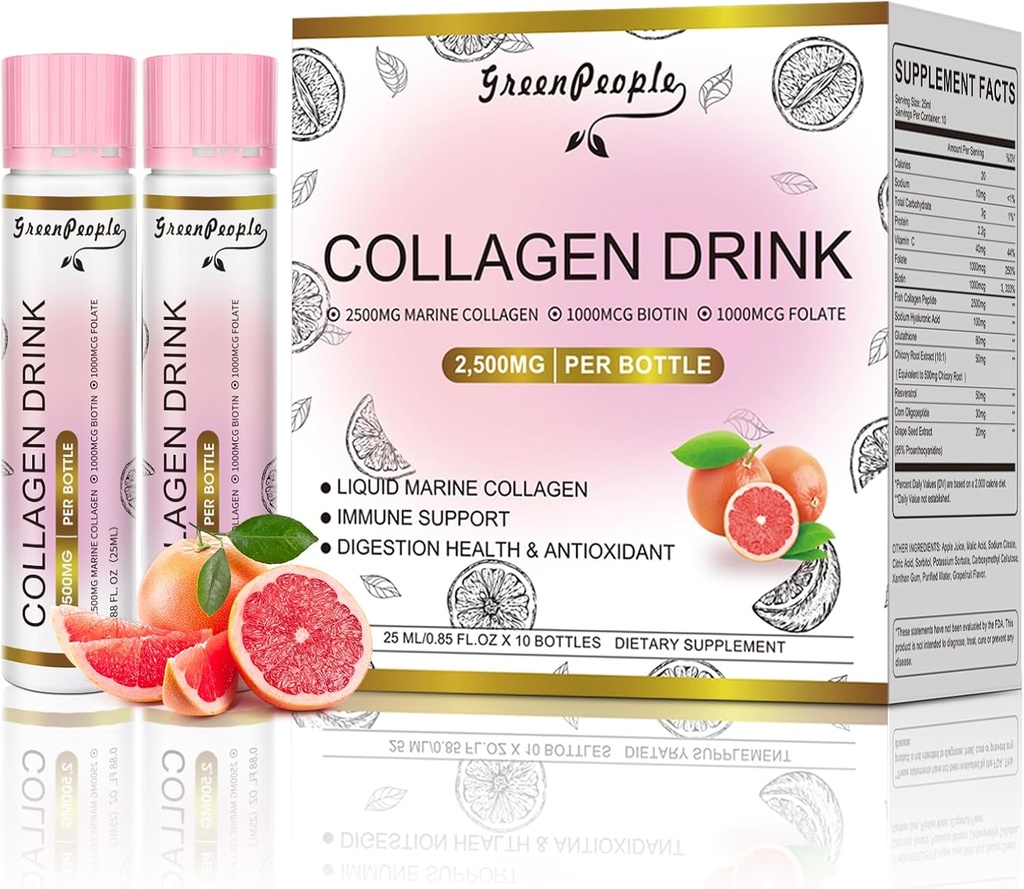 女性及び人のためのGREENPEOPLEの液体のコラーゲン、2500mgの魚のコラーゲンのペプチッド+ Hyaluronic酸+ビタミンBs及びCの毛皮の釘の接合箇所の骨サポート(0.85のflのoz、10のびん、グレープフルーツ)