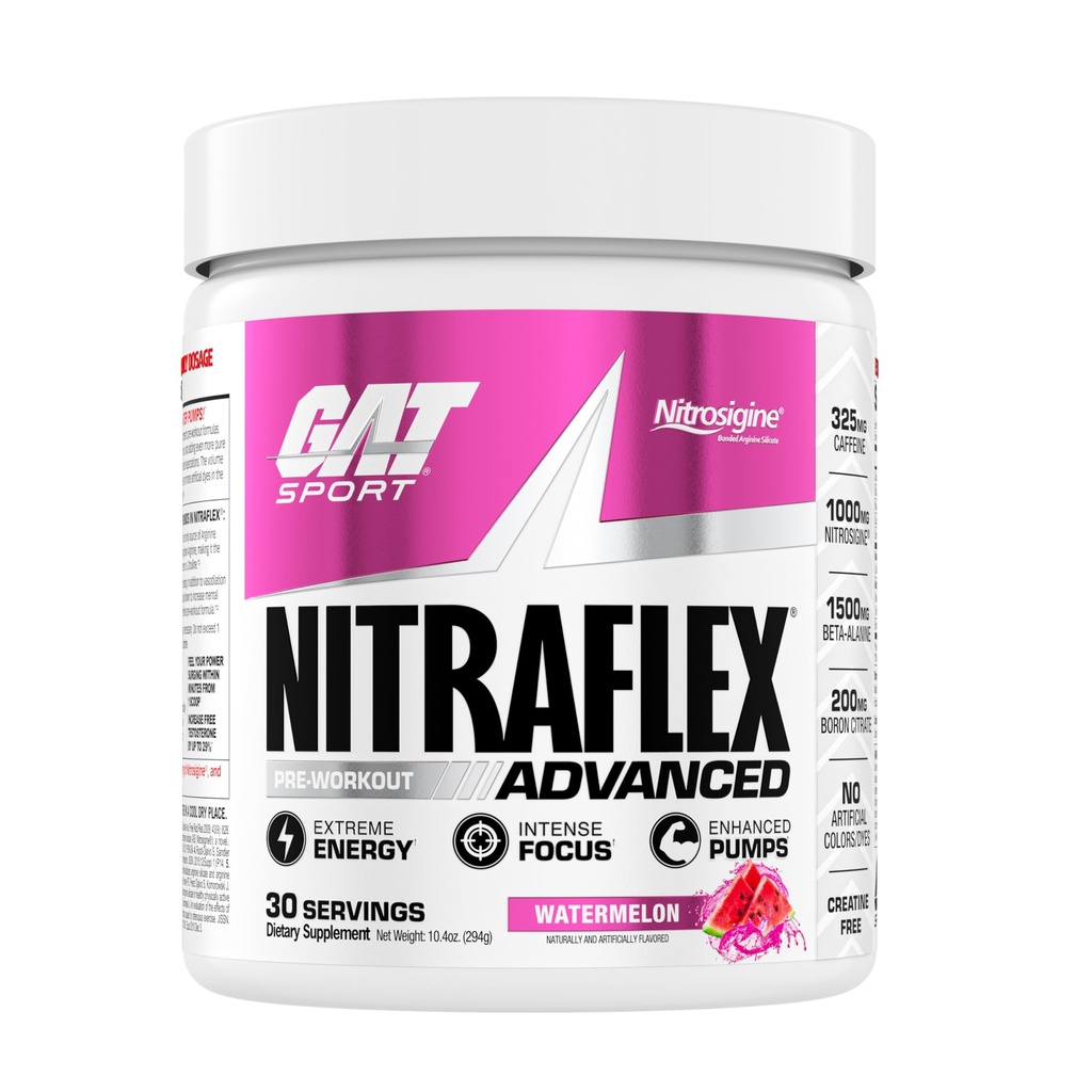 GAT SPORT Nitraflexアドバンストプレワークアウトパウダー、血流を増加させ、強さとエネルギーをブーストし、エクササイズパフォーマンスを改善し、クレアチンフリー(スイカ、30サービング)