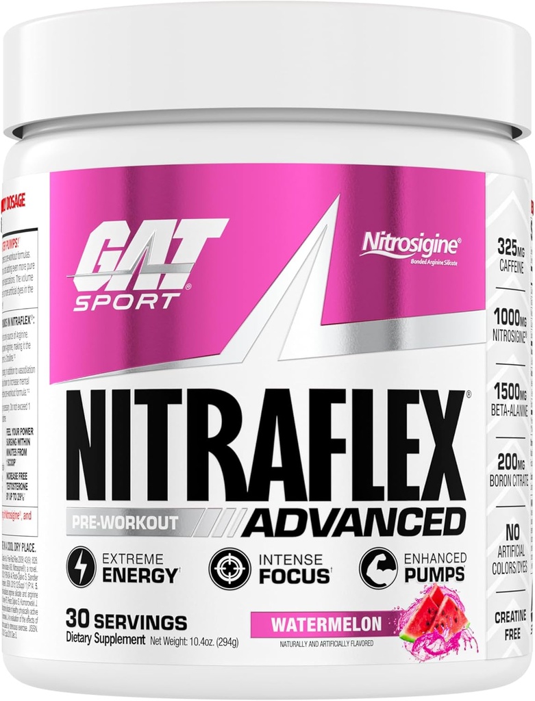 GAT SPORT Nitraflexアドバンストプレワークアウトパウダー、血流を増加させ、強さとエネルギーをブーストし、エクササイズパフォーマンスを改善し、クレアチンフリー(スイカ、30サービング)
