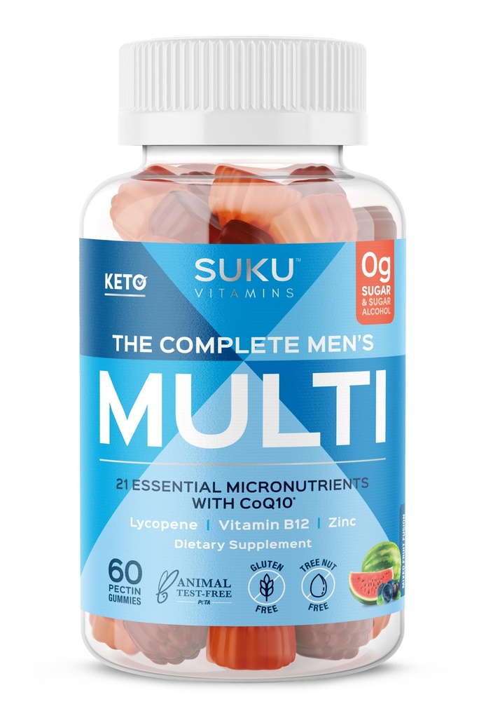 SUKUメンズ毎日のマルチビタミングミ – ビタミンA, B12, C, D3, E, 亜鉛, CoQ10 & Lycopene – 前立腺, 心 & 免疫サポート – 砂糖フリー, ビーガン, 混合フルーツフュージョン – 60 カウント