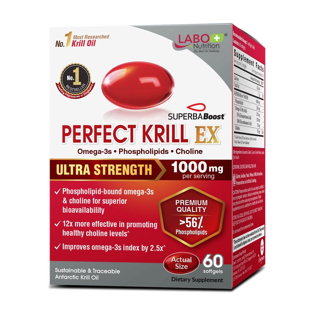 LABO Nutrition Perfect Krill EX、1000mg サルティック ケリオイル オメガ3 EPA DHA、最も高いホスホリピード(56%)以上、コリン、アスタキサンチン | ハート脳眼関節健康、米国製、60 Softgels