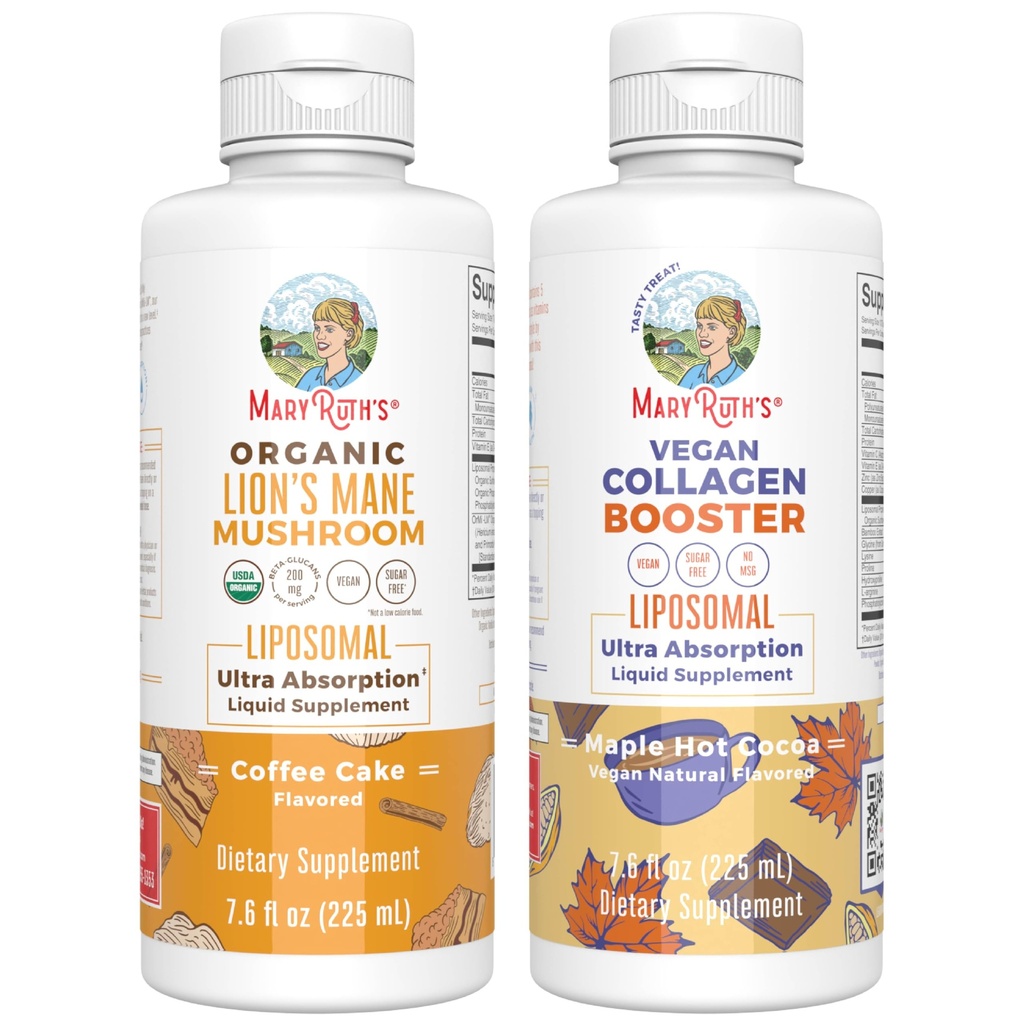 MaryRuth Organics Lion's Mane Liposomal(コーヒーケーキ) & Collagen Booster Liposomal(メープルホットココア) 認知サポート、美容&ジョイントヘルス、ビーガン、非GMOのためのクリーンラベルプロジェクト検証済みビタミン