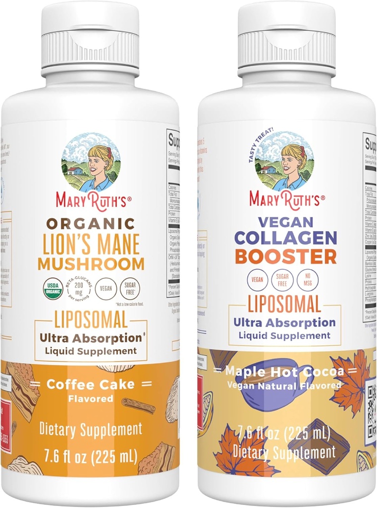 MaryRuth Organics Lion's Mane Liposomal(コーヒーケーキ) & Collagen Booster Liposomal(メープルホットココア) 認知サポート、美容&ジョイントヘルス、ビーガン、非GMOのためのクリーンラベルプロジェクト検証済みビタミン