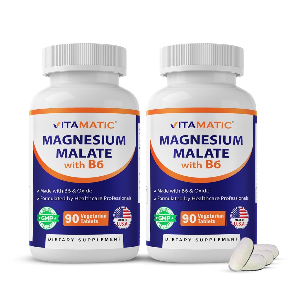 Vitamaticのマグネシウムはサービングごとの2000mgをMalate - 90のベジタリアンのタブレット-最高の吸収のためのB6を加えました-サポート 筋肉、接合箇所および中心の健康* (2本のびん、Unflavored)