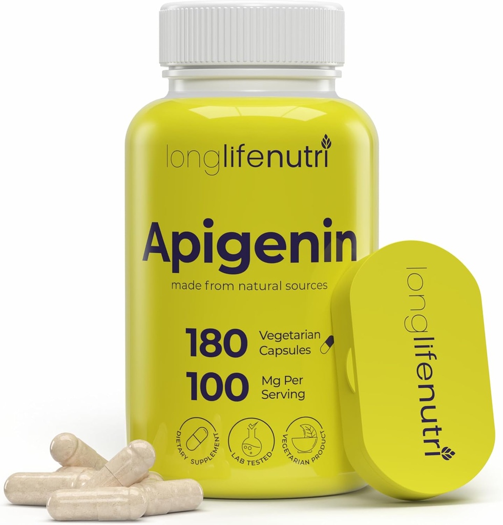 LongLifeNutri Apigenin 100mg – Chamomile Extract、180ベジタリアンカプセル、睡眠、気分、リラックス、6ヶ月の供給、GMP認定、米国製
