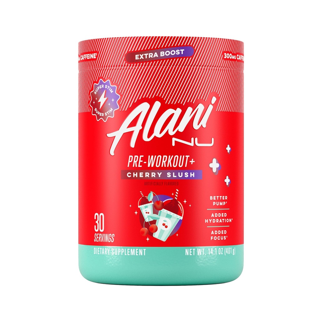 Alani Nu Pre Workout+ Powder Cherry Slush, Extra Boost, Sugar Free, 300mg Caffeine, L-Theanine, Beta-Alanine, Citrulline, 30 Servings