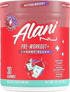Alani Nu Pre Workout+ パウダーチェリースラッシュ、エキストラブースト、砂糖無料、300mgカフェイン、L-テアニン、ベータアラニン、シトルリン、30サービング