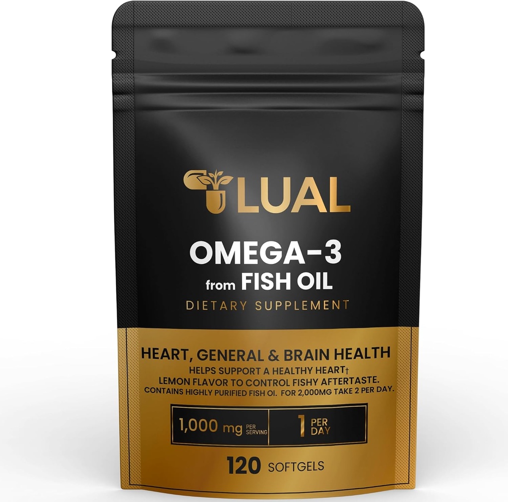 LUAL Omega-3フィッシュオイルソフトジェル - EPAとDHA、レモンフレーバー、バープレス、ハート、脳、および全体的なウェルネスのための非GMOフォーミュラ - 120