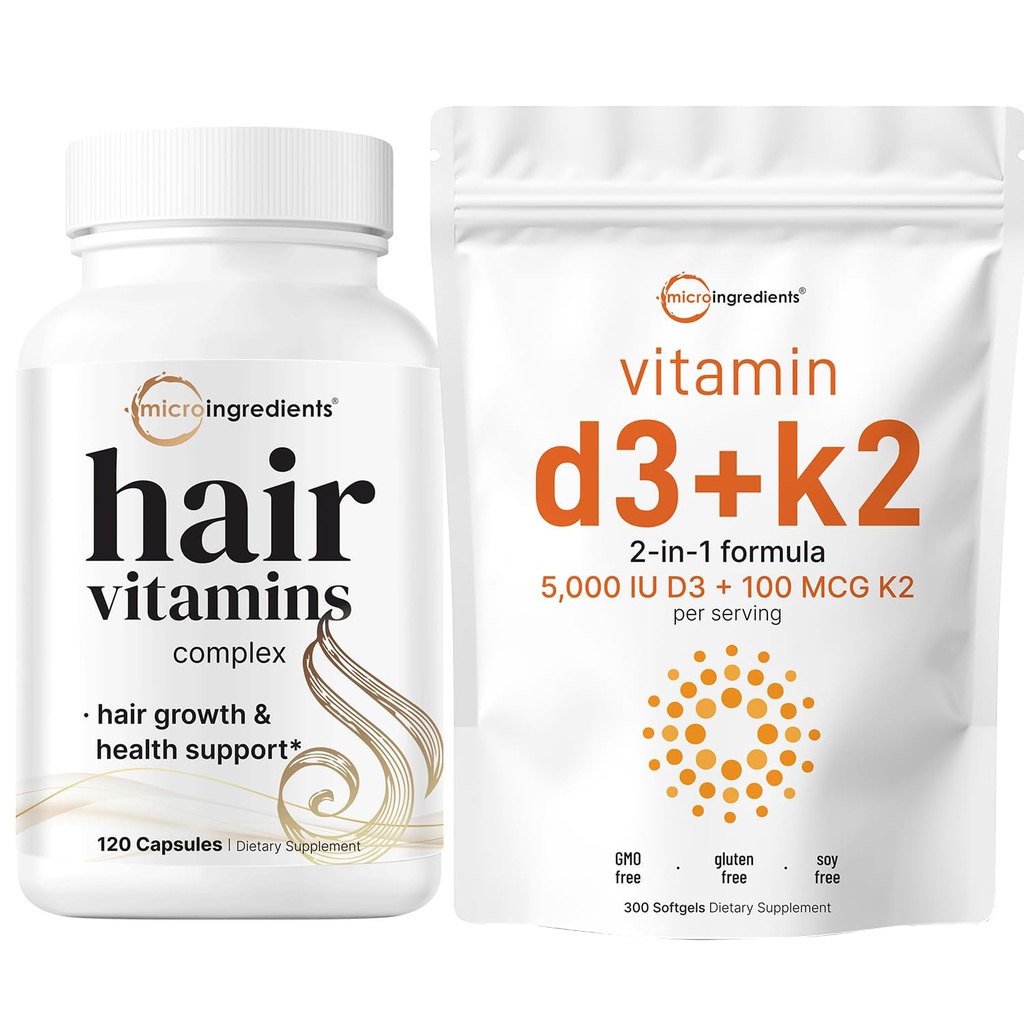 マイクロ成分ビタミンD3 5,000iu + K2 100mcg Softgels & Hair Vitamins Complex Capsules Bundle 2 Pack | エッセンシャルサンシャインビタミン | 14-in-1 高度な毛の成長サポート
