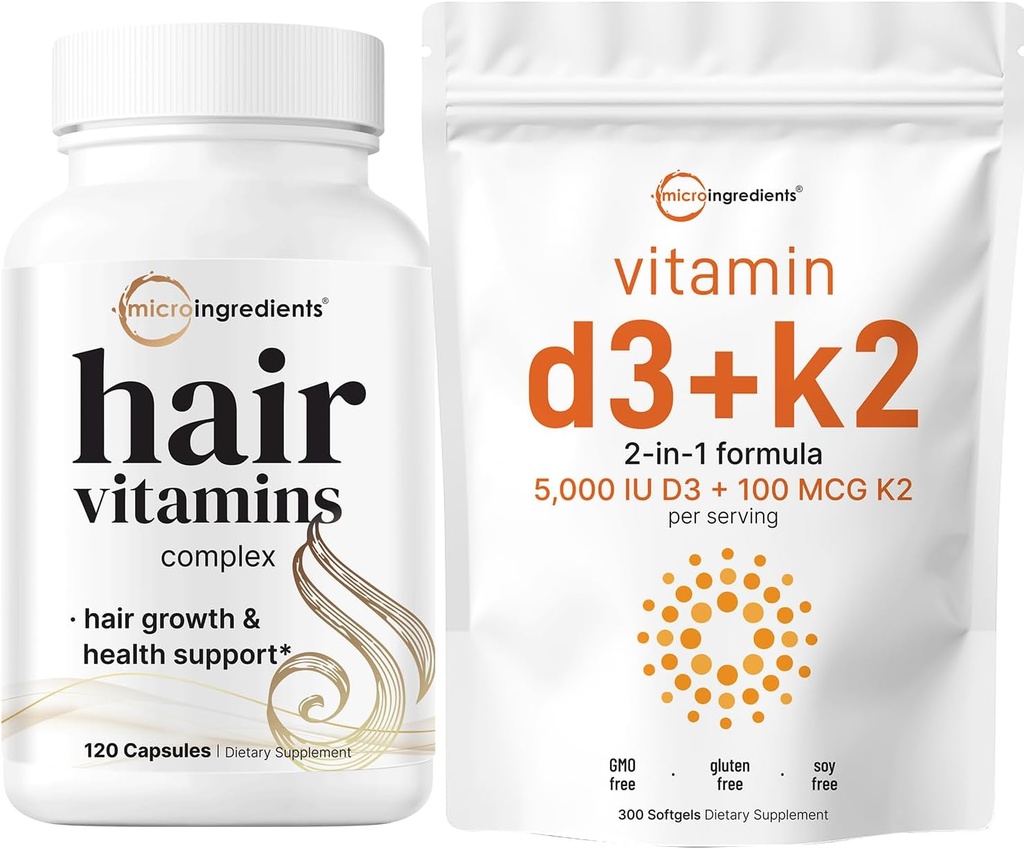 マイクロ成分ビタミンD3 5,000iu + K2 100mcg Softgels & Hair Vitamins Complex Capsules Bundle 2 Pack | エッセンシャルサンシャインビタミン | 14-in-1 高度な毛の成長サポート