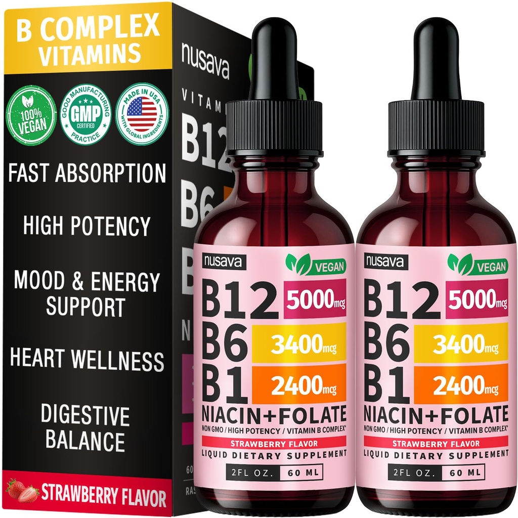 (2パック)ビタミンB12とB6液体ドロップ、B12サブリンガルビタミンBコンプレックス - B12ビタミン5000mcg - エネルギー、脳、および27,200 mcg、イチゴ、80のサービングとハートサポートのためのB12メチルコバルミン